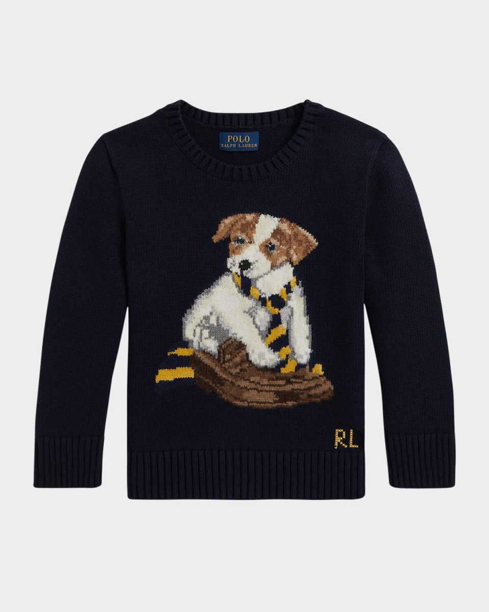 Boy's Dog Intarsia Knit Cotton Crewneck Sweater, Size 2-7